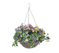 HOMESCAPES Purple and Yellow Pansy Artificial Hanging Basket Lifelike Hanging Plant For Indoor and Outdoor Decoration Trailing Flowers In Brown Wicker Pot with Silver Metal Chain and Hook 60 cm Long