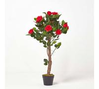 Homescapes Potted Rose Tree Artificial Plant with lifelike green leaves, 90 cm in Red Homescapes Red