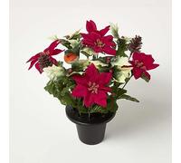 HOMESCAPES Artificial Red Poinsettia Flowers and Faux Holly Grave Pot with Small Red Robin, Memorial Grave Vase for Christmas Decoration, 30 cm Tall