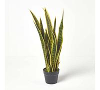 HOMESCAPES Artificial Snake Plant 74 cm Tall Yellow and Green Mother-In-Law’s Tongue Fake Plant in Black Pot