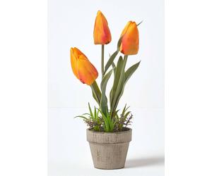 Homescapes Artificial Tulips In Grey Decorative Stone Pot, 27 Cm In Orange Orange