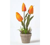 HOMESCAPES Orange & Red Artificial Tulips Plant In Rustic Grey Stone Pot 27cm Tall Faux Decorative Potted Plant With Lifelike Leaves For Indoor Decoration