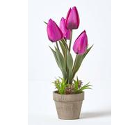 HOMESCAPES Dark Purple Artificial Tulips Plant In Rustic Grey Stone Pot 27cm Tall Faux Decorative Potted Plant With Lifelike Leaves For Indoor Decoration