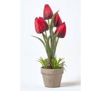 HOMESCAPES Red Artificial Tulips Plant In Rustic Grey Stone Pot 27cm Tall Faux Decorative Potted Plant With Lifelike Leaves For Indoor Decoration