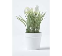 (White) Artificial Tulips in White Decorative Pot, 22 cm Tall