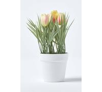 HOMESCAPES Pink & Cream Artificial Tulips Plant In White Plastic Pot 22cm Tall Faux Decorative Potted Plant For Indoor Decoration