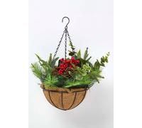 HOMESCAPES Artificial Woodland and Eucalyptus Christmas Decorative Hanging Basket Red Green Xmas Realistic Berries Pinecones and Mixed Leaf for Indoor Home Decor