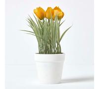Homescapes Yellow Artificial Tulips in White Decorative Pot, 22 cm Tall - Yellow