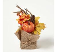 HOMESCAPES Autumn Decoration in Burlap Sack Orange and Yellow Indoor Decoration with Maple Leaf, Pumpkins and Berries, 25 cm Tall