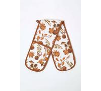 Homescapes Autumn Woodland 100% Cotton Double Oven Glove - Brown Leaf Print In Beige Beige
