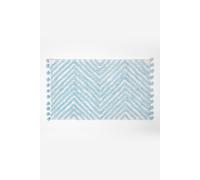 HOMESCAPES Blue Cotton Bath Mat with Zig Zag Design Super Absorbent Tufted Bathmat with Pom Poms, 50 x 80 cm
