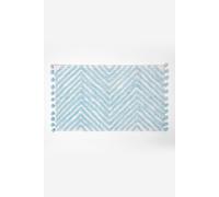 HOMESCAPES Blue Cotton Bath Mat with Zig Zag Design Super Absorbent Tufted Bathmat with Pom Poms, 50 x 80 cm