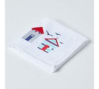 HOMESCAPES Beach Hut Embroidered Face Cloth Blue, Red & White Seaside Patterned Flannel 100% Cotton 550 GSM Super Absorbent Fluffy Holiday Beach Towel for Pool or Gym