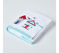 HOMESCAPES Beach Hut Embroidered Hand Towel Blue, Red & White Seaside Patterned Guest Towel 100% Cotton 550 GSM Super Absorbent Fluffy Holiday Beach Towel for Pool or Gym