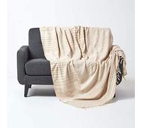 HOMESCAPES Bed Sofa Throw Cotton Chenille Tie and Dye Beige 220 x 240 cm or 87 x 94 inches