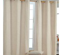 HOMESCAPES Beige Gingham Check Eyelet Curtain Pair 100% Cotton 117cm (46”) Wide x 137cm (54”) Drop