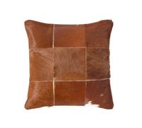 Homescapes Beige Real Leather & Goat Hair Large Check Cushion With Feather Filling