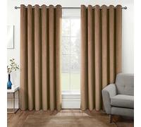HOMESCAPES Beige Velvet Blackout Curtains 66" x 90" (168 x 229 cm) Eyelet Thermal Insulated Curtains with 100% Ultra Blackout 3 Pass Coating Fully Lined Readymade Curtains