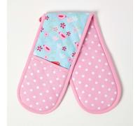 Homescapes Birds and Flowers Pink Cotton Double Oven Glove