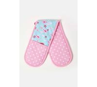 HOMESCAPES - Pure Cotton Double Oven Glove - Birds and Flowers - Pink Blue - 18 x 84 cm - Fully Coordinated Washable Kitchen Linen