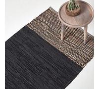 Homescapes Black Recycled Leather Handwoven Herringbone Rug, 90 X 150 Cm