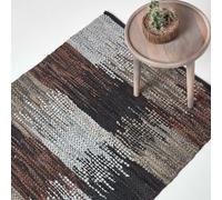 HOMESCAPES Black, Grey & Brown Genuine Leather Hall Runner Handwoven Cutshuttle Design Eco Friendly Real Leather Rug, 66 x 200 cm