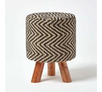 HOMESCAPES Black & Natural Diamond Pattern Jute Footstool - 32 x 32 x 42 cm