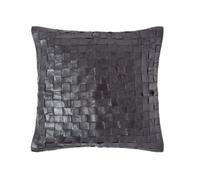 Homescapes Black Real Leather Basketweave Check Suede Cushion With Feather Filling