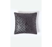 Homescapes Black Real Leather Basketweave Check Suede Cushion With Feather Filling