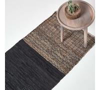 HOMESCAPES Black Genuine Leather Hallway Runner Handwoven Herringbone Design Recycled Eco Friendly Real Leather Rug, 66 x 200 cm