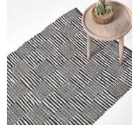 Homescapes Black & White Real Leather Handwoven Striped Block Check Rug, 120 X 180 Cm