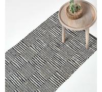 Real Leather Handwoven Striped Block Check Hall Runner, 66 x 200 cm Homescapes Black 66cm x 200cm
