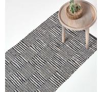 Homescapes Black & White Real Leather Handwoven Striped Block Check Rug, 66 X 200 Cm
