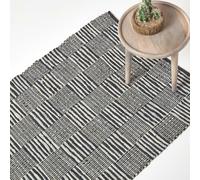 HOMESCAPES Black & White Real Leather Handwoven Striped Block Check Rug - 90 x 150 cm