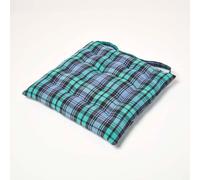 Homescapes Seat Pad Blackwatch Tartan - Button Straps, 100% Cotton - Green 40 x 40 cm