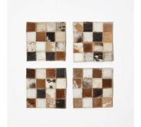 HOMESCAPES Set of 4 Real Leather Coasters Brown Natural Hide Block Check Drinks Coasters with Non-Slip Heat Resistant Back 10 x 10 cm Square Mats