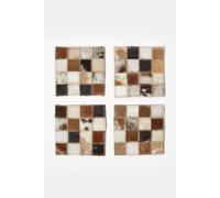 HOMESCAPES Set of 4 Real Leather Coasters Brown Natural Hide Block Check Drinks Coasters with Non-Slip Heat Resistant Back 10 x 10 cm Square Mats