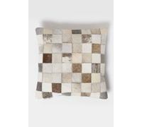 Homescapes Block Check Leather Cushion 45 x 45 cm in Grey | Size: 45 cm x 45 cm Homescapes Grey 45 cm x 45 cm