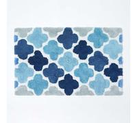 HOMESCAPES Super Absorbent Soft ‘Salcombe’ Blue, Grey and White 100% Cotton Bathmat with Geometric Pattern and Non Slip Latex Backing, 50 x 80 cm Large Shower Mat Machine Washable