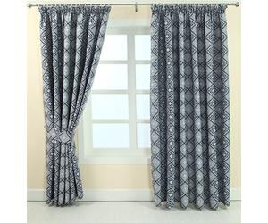 HOMESCAPES Blue and Grey Patterned Curtain Pair, Modern Aztec Tribal Design - 46 x 54 Inch drop