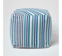 Homescapes Stripe Cube Square Footstool in Blue Homescapes Blue