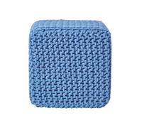 Homescapes Cube Cotton Knitted Pouffe Footstool In Blue Blue