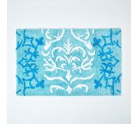 HOMESCAPES Damask Bathmat, Blue, 50 x 80 cm, 1400 GSM rug in 100% Cotton, Non Slip Spray Back, Washable at Home