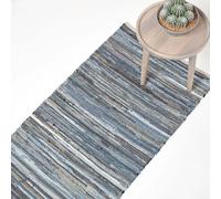 HOMESCAPES Blue Denim Handwoven Striped Chindi Rug - 66 x 200 cm