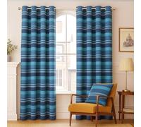 HOMESCAPES Blue Eyelet Curtain Pair 137cm (54") Wide x 137cm (54") Drop Morocco Stripe Design Ring Top Curtain Pair