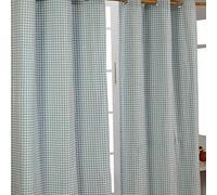 HOMESCAPES Blue Gingham Check Eyelet Curtain Pair 100% Cotton 137cm (54”) Wide x 182cm (72”) Drop
