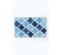 HOMESCAPES Super Absorbent Soft ‘Salcombe’ Blue, Grey and White 100% Cotton Bathmat with Geometric Pattern and Non Slip Latex Backing, 50 x 80 cm Large Shower Mat Machine Washable