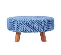 Homescapes Large Round Cotton Knitted Footstool on Legs in Blue Homescapes Blue