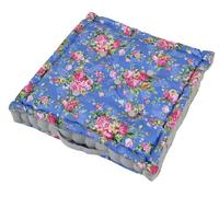 HOMESCAPES - Blue Roses - 100% Cotton - Floor Cushion - Retro Floral Design - 40 x 40 x 8 cm Square - Indoor - Garden - Dining Chair Booster - Seat Pad Cushion