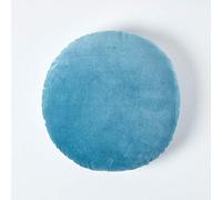 HOMESCAPES Blue Round Velvet Cushion Super Soft Cotton Velvet Luxury Filled Scatter Cushion Thick Plain Accent Throw Pillow for Sofa and Bed Decoration, 40cm (15") Diameter